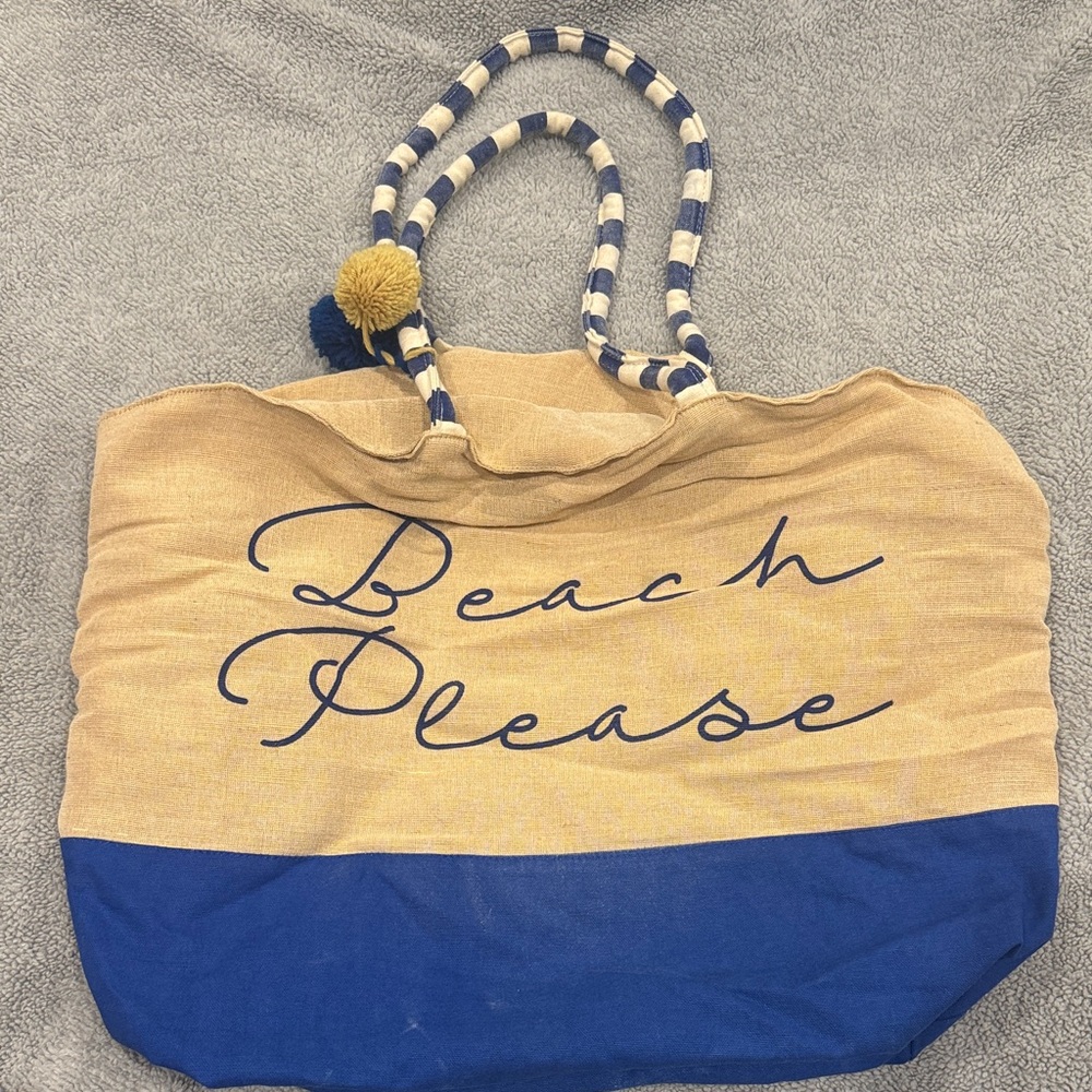 Striped Tan and Blue Beach Tote